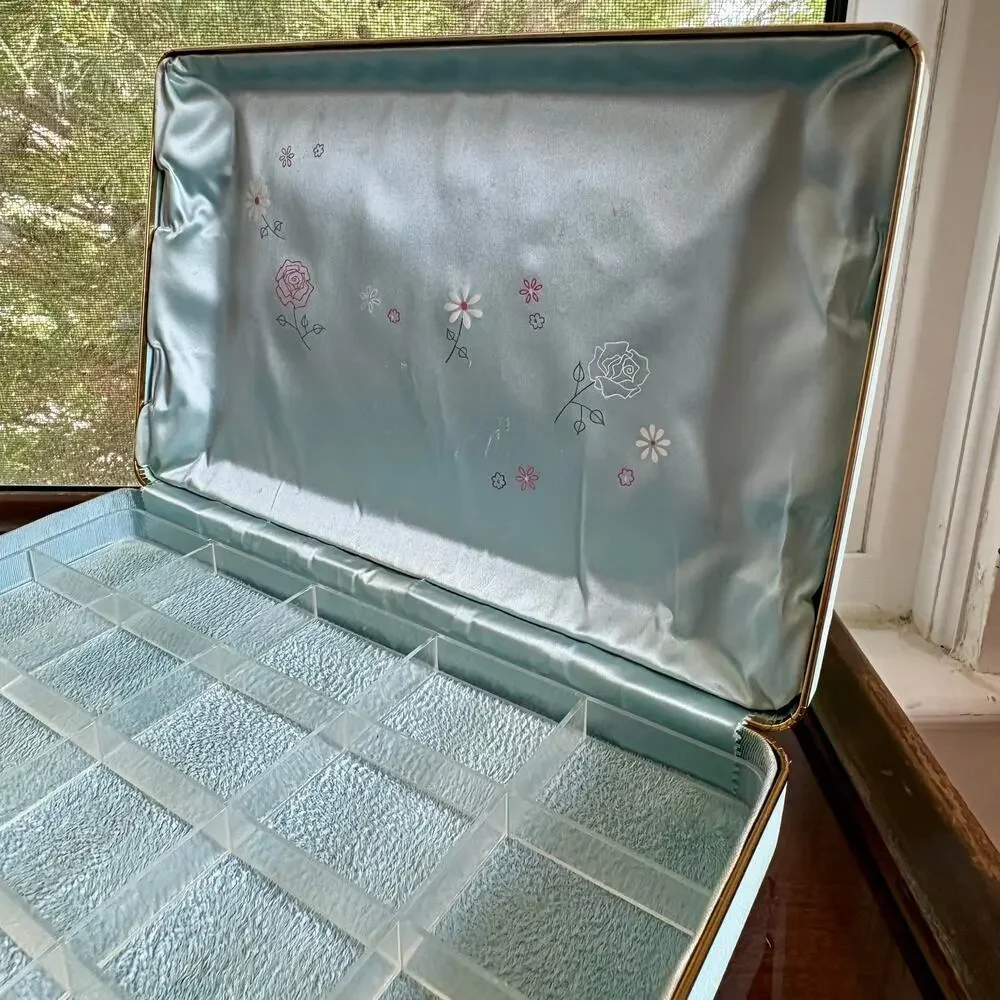 Vintage Farrington Texol Blue Floral Jewelry Box, Hard Case Organizer